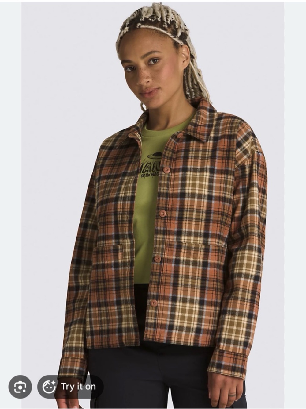 Vans Plaid Button-Front Jacket in Rust, Tan and Cream. Oversized fit
